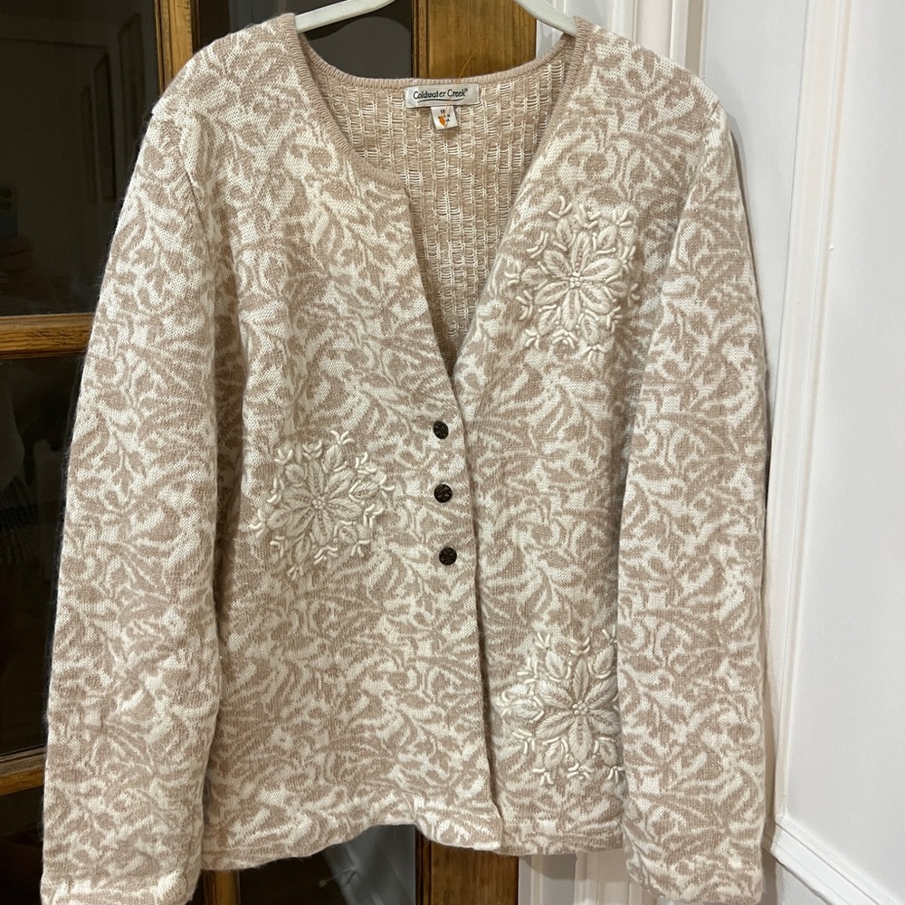 Coldwater Creek JACQUARD ivory, beige and gold cardigan
